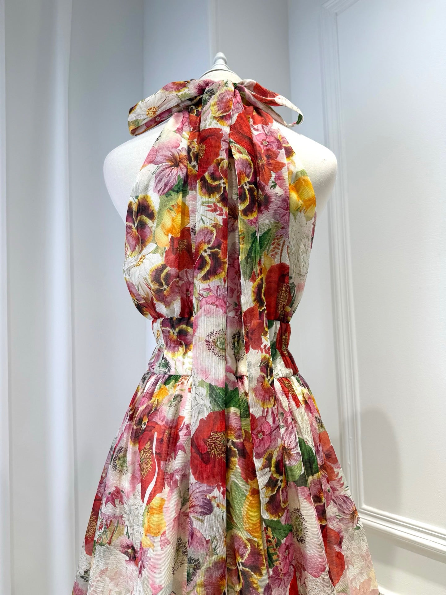2026 women Lovestahl Women Red Floral Halter Maxi Dress Smocked High Waist Gradient Print Flowy A Line Long Sundress Summer Wedding Guest Dress
