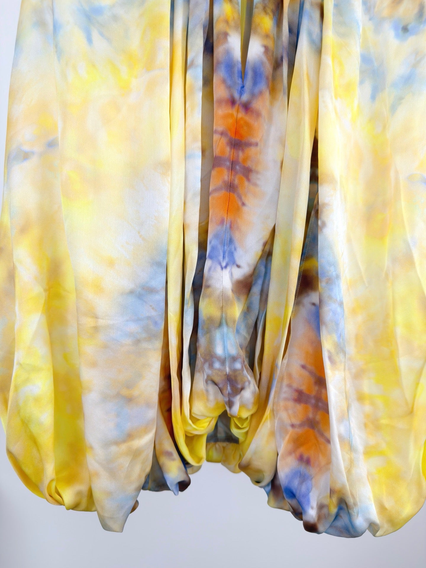 Lovestahl Runway Yellow Tie Dye Playsuit Women Braided Twisted Halter Keyhole Cutout Oversized Side Slit Long Sleeve Bubble Hem Ruffle Shorts Bohemian Beach Romper