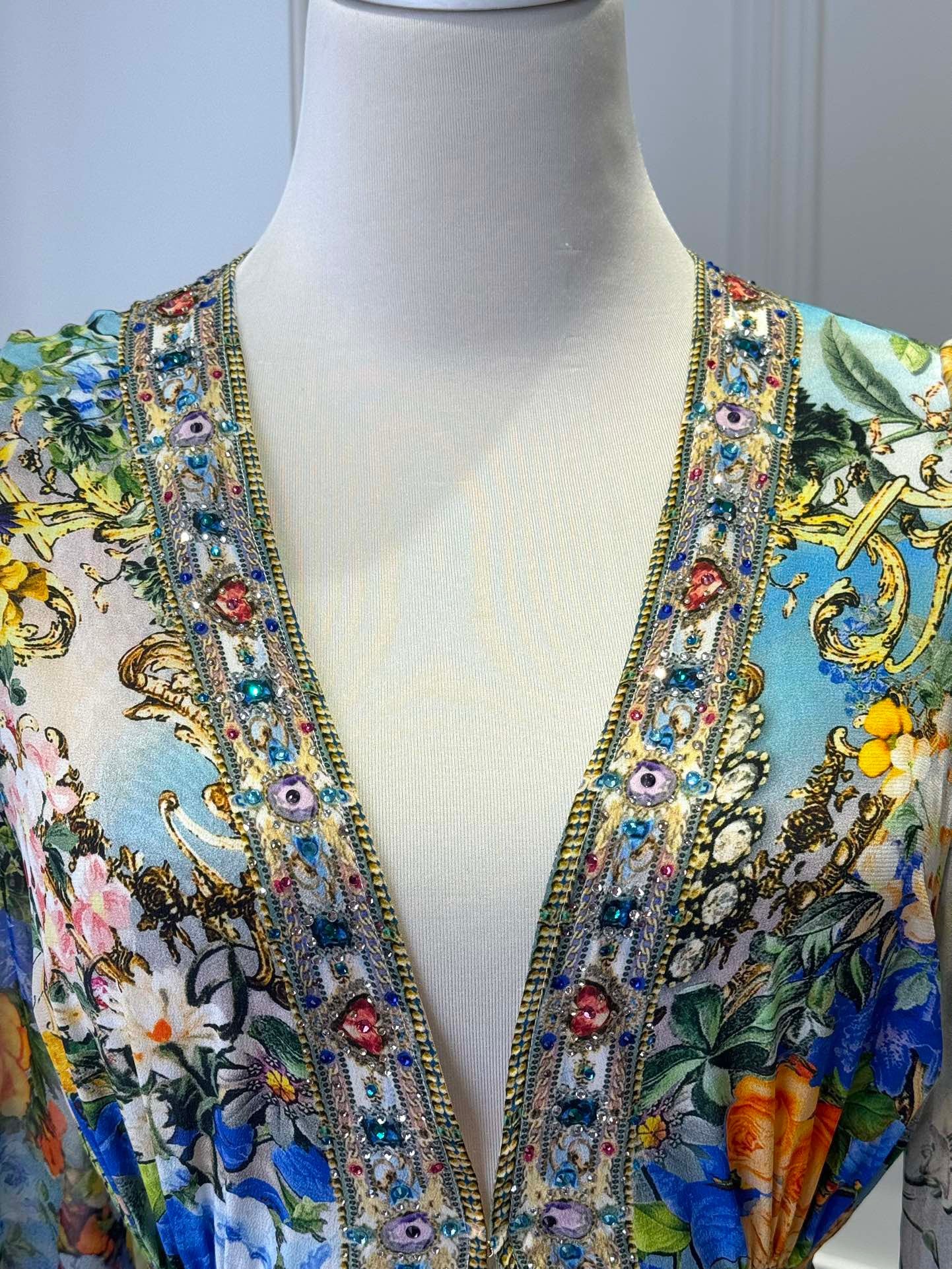 2026 WOMEN LOVESTAHL Fairytale Garden Print Maxi Dress Women Deep V Neck Rhinestone Trim Puff Long Sleeve High Waist Ruffle Hem Vacation Long Dress