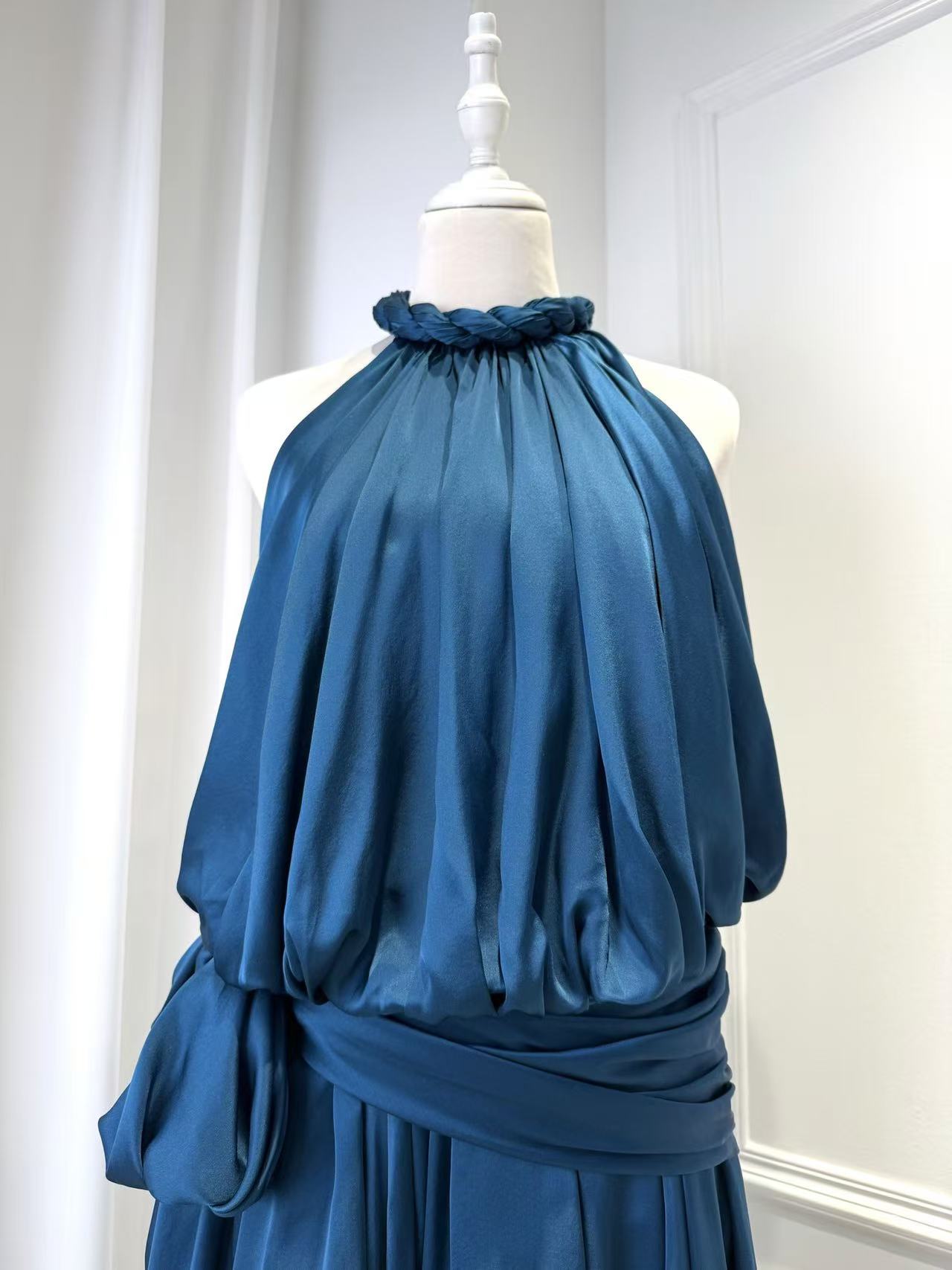 Lovestahl Frilled Halter Satin Maxi Dress Women Elastic Waist Self Tie Belt Gown Irregular Ruched Layered Long Dress Wedding Guest Formal Evening Party Dress