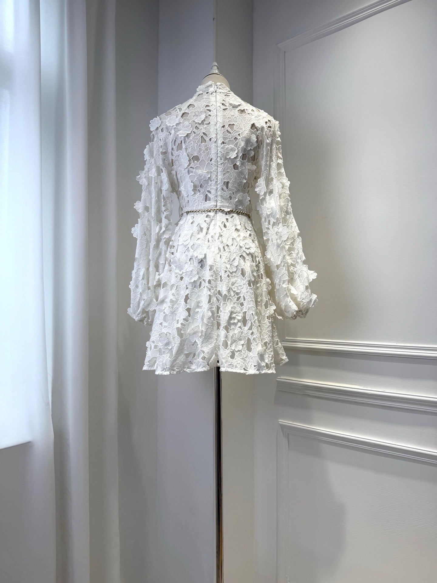 Lovestahl Dreamy White 3D Floral Hollow Lace Mini Dress With Lantern Puff Sleeves And Adjustable Drawstring Waist Perfect For Bridal Shower Beach Wedding