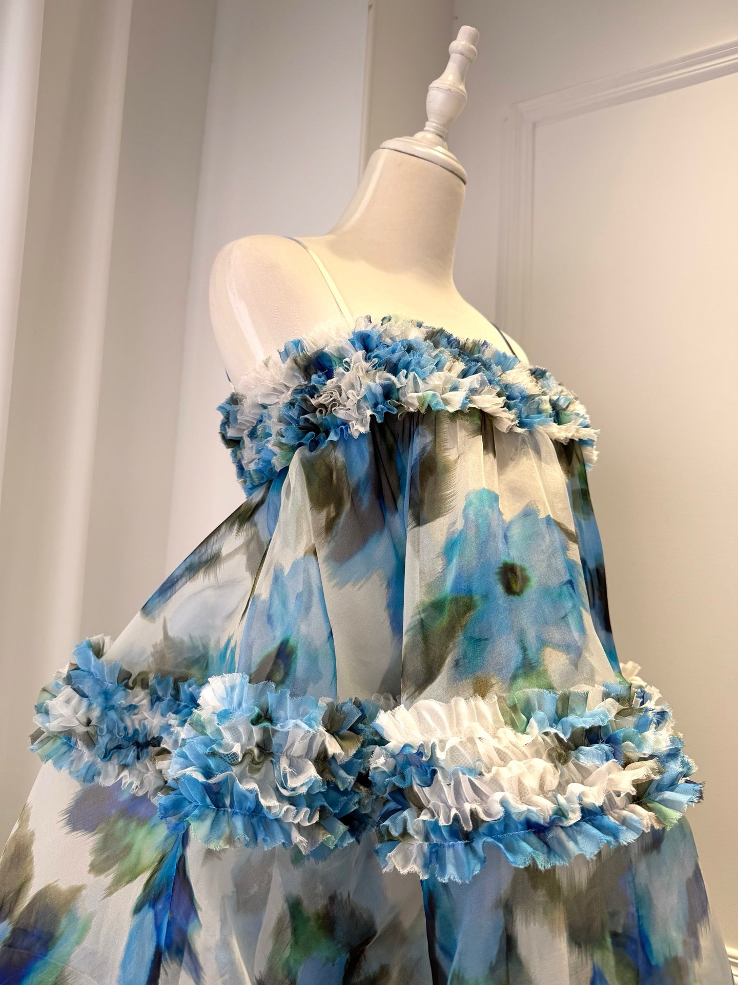 Lovestahl Women Blue Watercolor Floral Mini Slip Dress Thin Spaghetti Strap 3 Tier Ruffle Fringe Hem Flowy A Line Short Sundress Summer Beach Vacation Party Dress