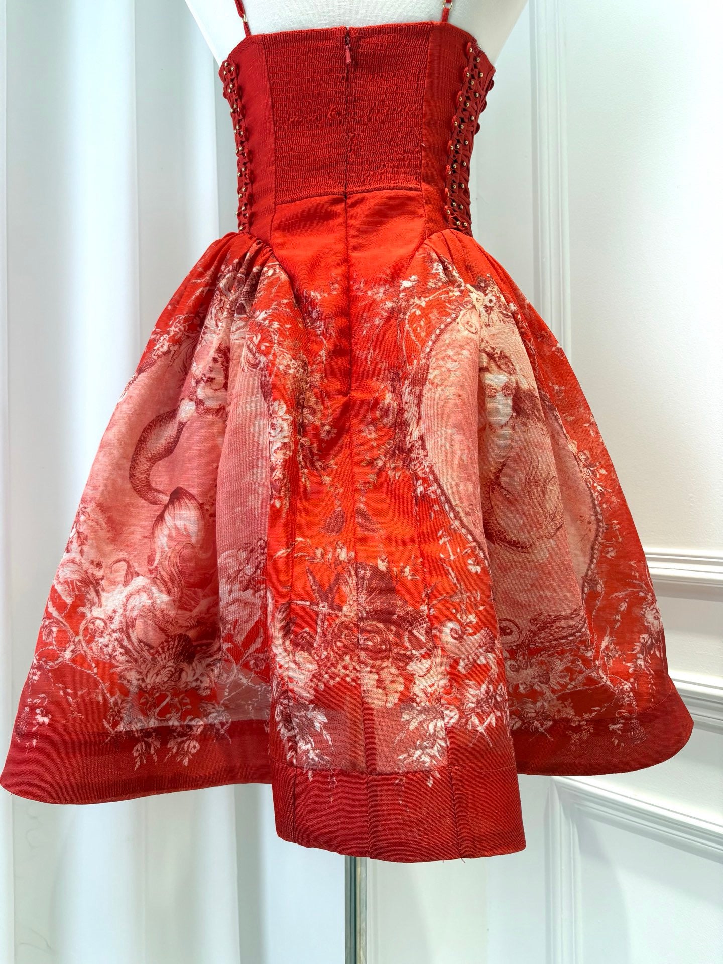 Lovestahl Women Red Floral Print Mini Party Dress Thin Spaghetti Strap Ruffle Neck Lace Up Corset Waist A Line Short Prom Dress Elegant Wedding Guest Evening Cocktail Dresses