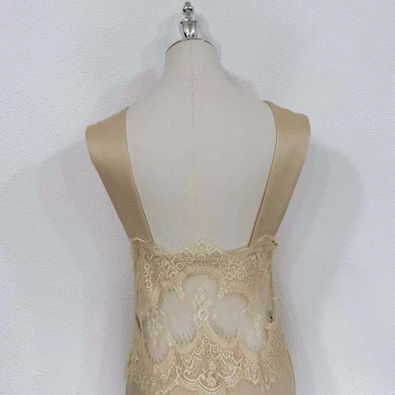2026 women Lovestahl Women Sleeveless V Neck Hollow Lace Cutout Silk Satin Maxi Slip Dress