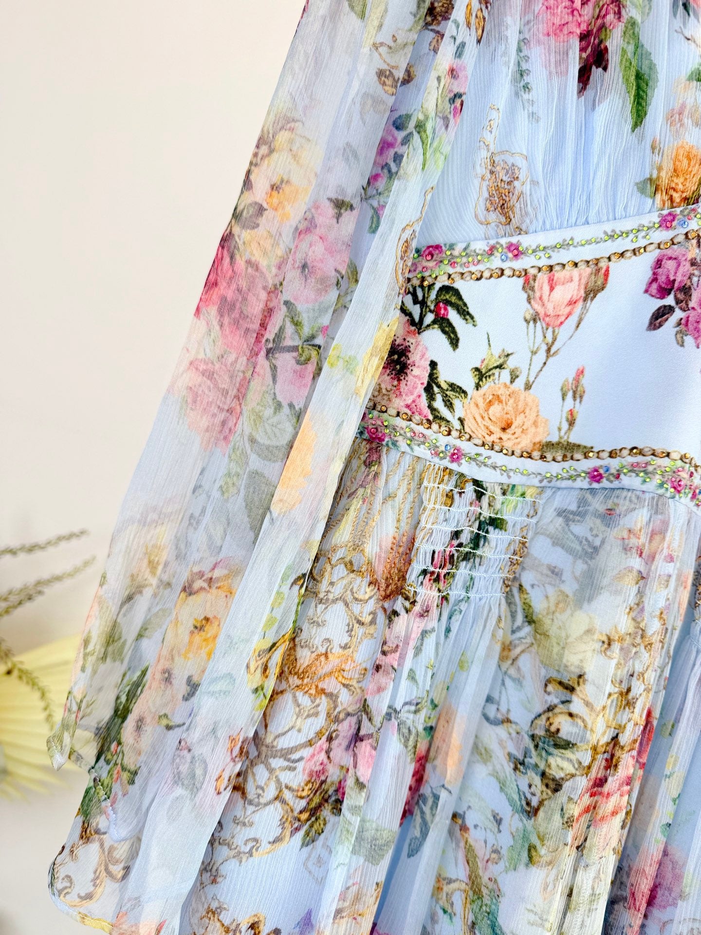 Lovestahl Runway Collection 100% Silk Maxi Dress Women Deep V Flared Bell Sleeve Matching Waist Belt Hand Crystal Rhinestone Vintage Floral Print Fitted Long Party Dress