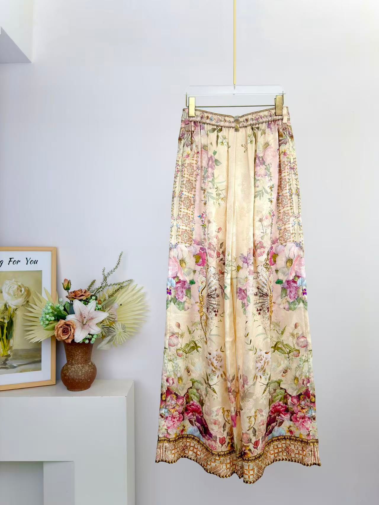 Lovestahl Runway Jacquard Border Print Wide Leg Pants High Waist Belt Heart Tassels Crystal Rhinestone Elastic Back Vacation Trousers