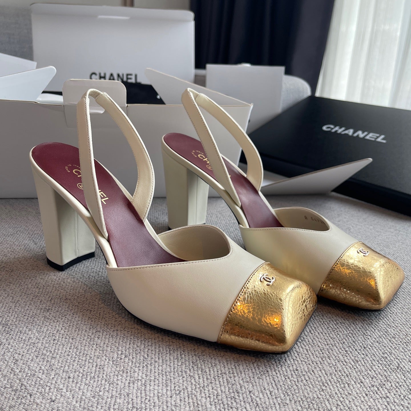 Lovestahl 26S Spring Summer Square Toe Slingback Heels 9CM Block Heel Two Tone Gold Metal Cap Toe Genuine Lambskin Ankle Strap Retro French Dress Shoes Size 35-41
