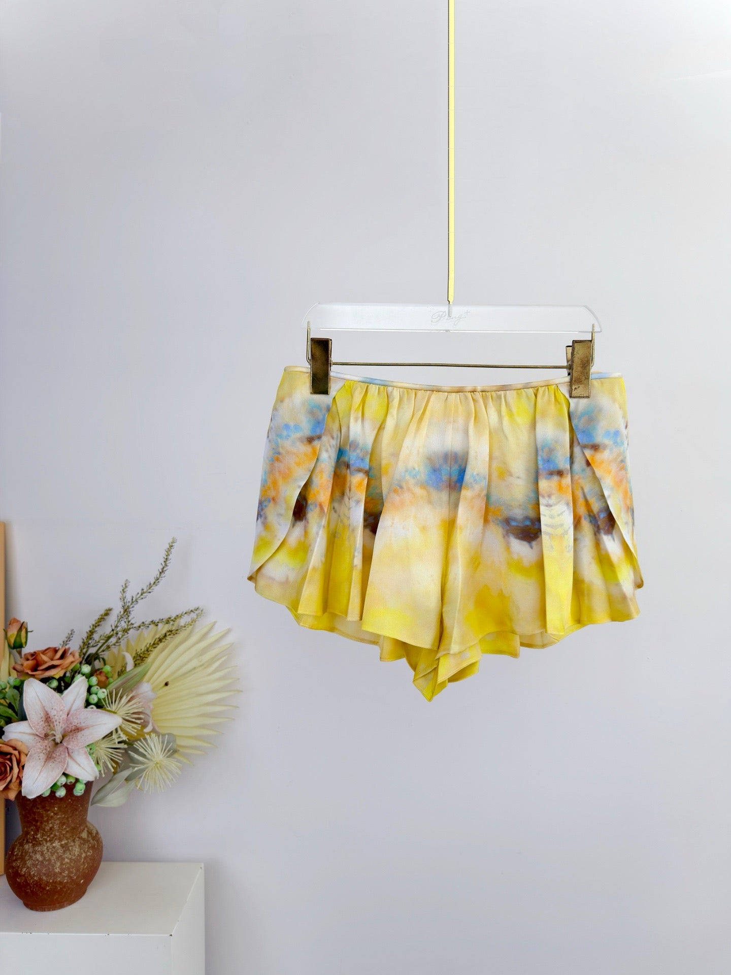 Lovestahl Runway Yellow Tie Dye Playsuit Women Braided Twisted Halter Keyhole Cutout Oversized Side Slit Long Sleeve Bubble Hem Ruffle Shorts Bohemian Beach Romper