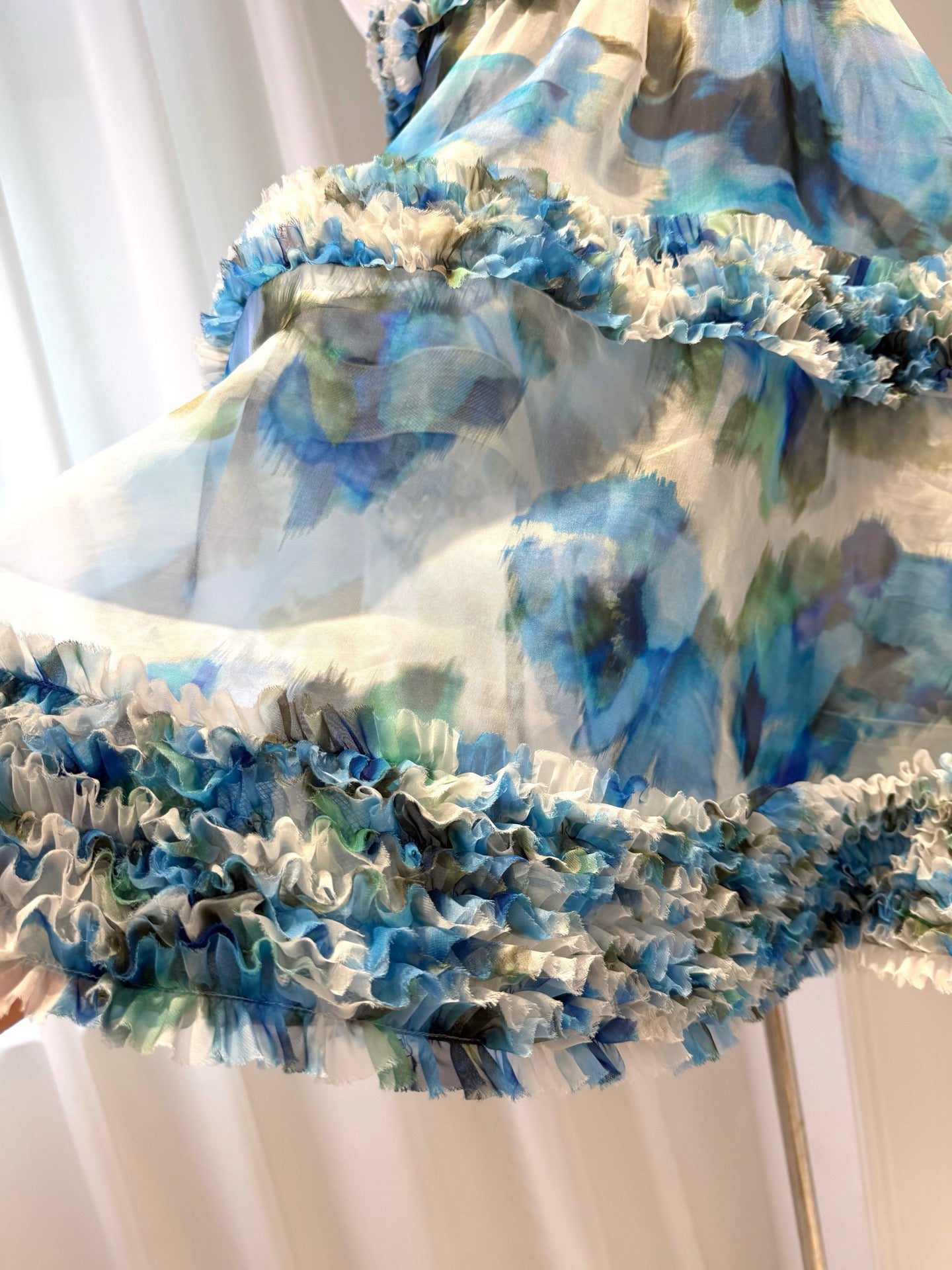 Lovestahl Women Blue Watercolor Floral Mini Slip Dress Thin Spaghetti Strap 3 Tier Ruffle Fringe Hem Flowy A Line Short Sundress Summer Beach Vacation Party Dress