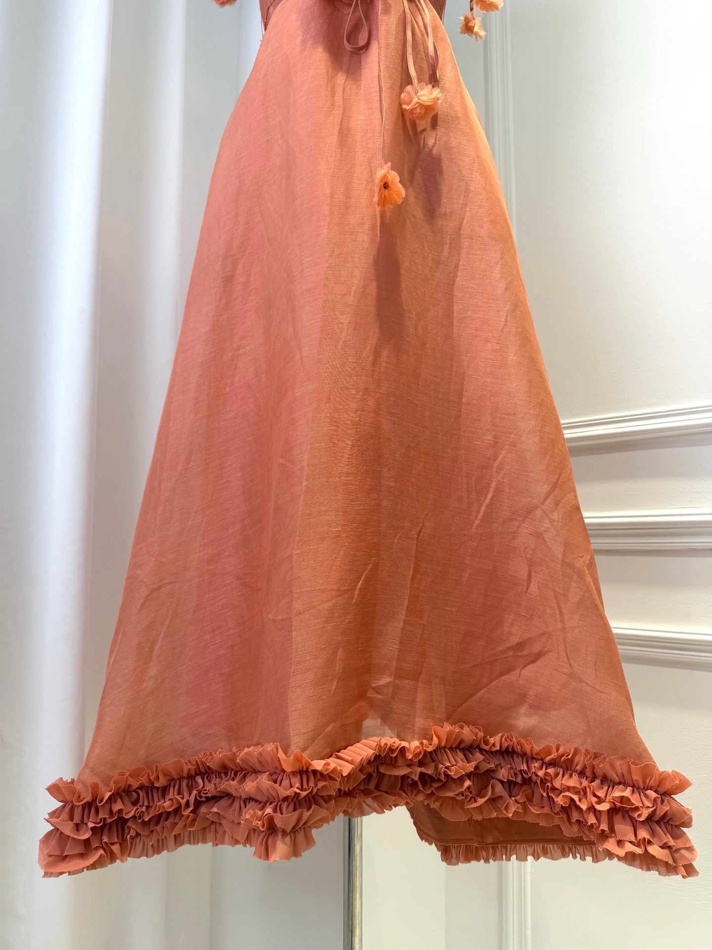 2026 women Vintage Sheer A-Line Midi Dress, Frill Neck & Hem Floral Waist Tie Formal Dress Lovestahl