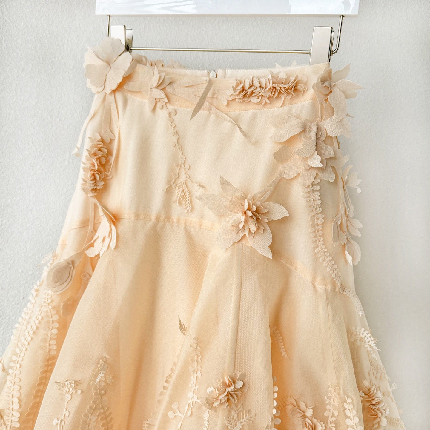 Lovestahl 3D Floral Mesh Two Piece Set Women Elegant Stand Collar Long Sleeve Cropped Top Midi Flare Skirt Vintage Beige Silk Party Wedding Guest Outfit