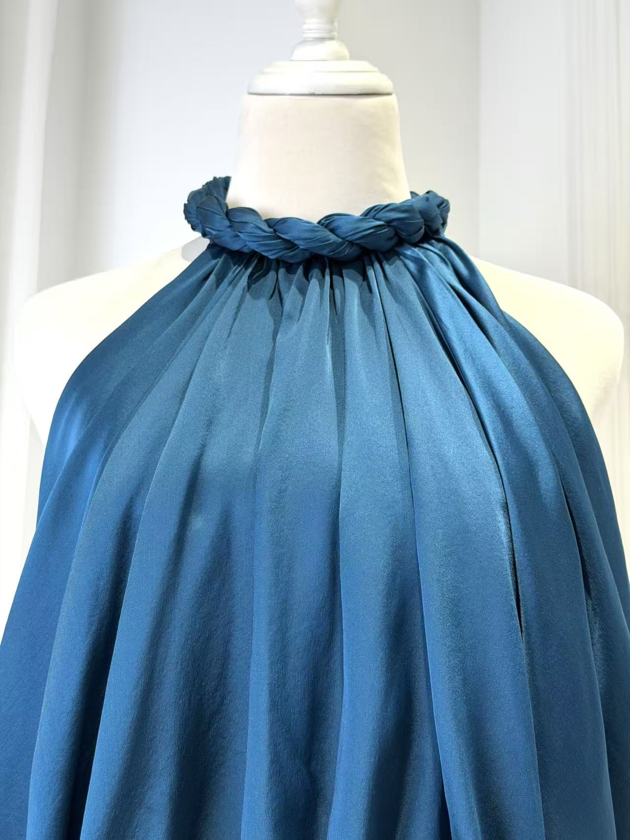 Lovestahl Frilled Halter Satin Maxi Dress Women Elastic Waist Self Tie Belt Gown Irregular Ruched Layered Long Dress Wedding Guest Formal Evening Party Dress