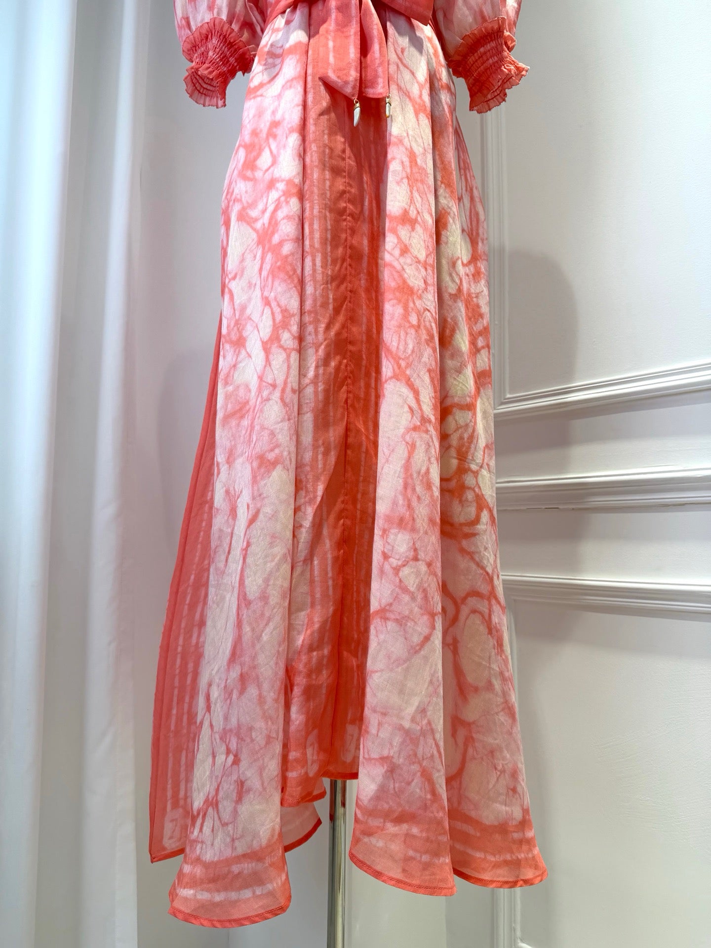 LOVESTAHL Pink Marble Print Maxi Dress Women Stand Collar Puff Short Sleeve Self Tie Waist Belt Flowy Long Vacation Dress Z1081 Sizes 0-3