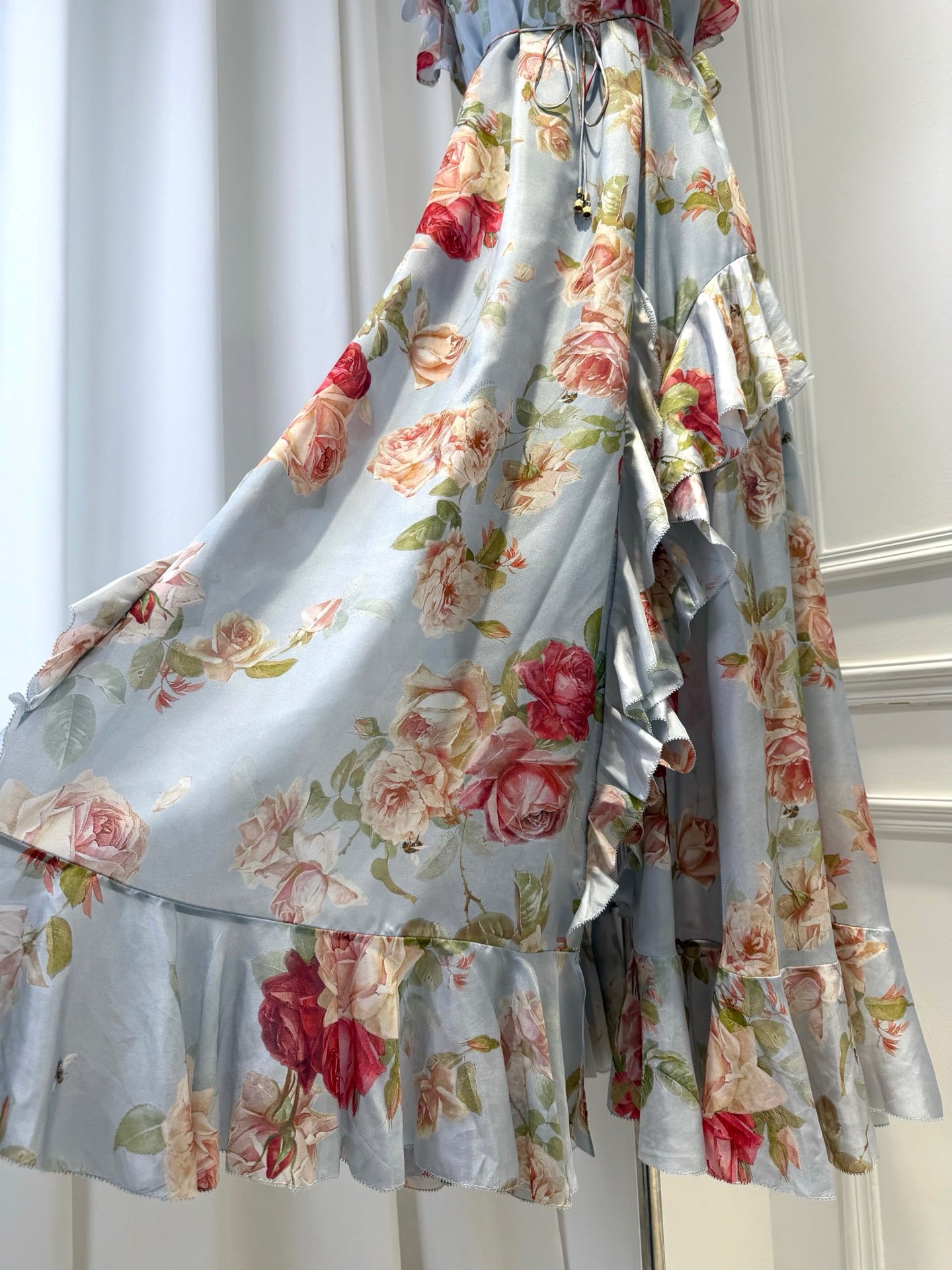 Lovestahl Women Sky Blue Watercolor Rose Floral Spaghetti Strap Maxi Dress Double Ruffle Neck Drawstring Waist Irregular Tiered Ruffle Hem Flowy Chiffon Vacation Long Gown