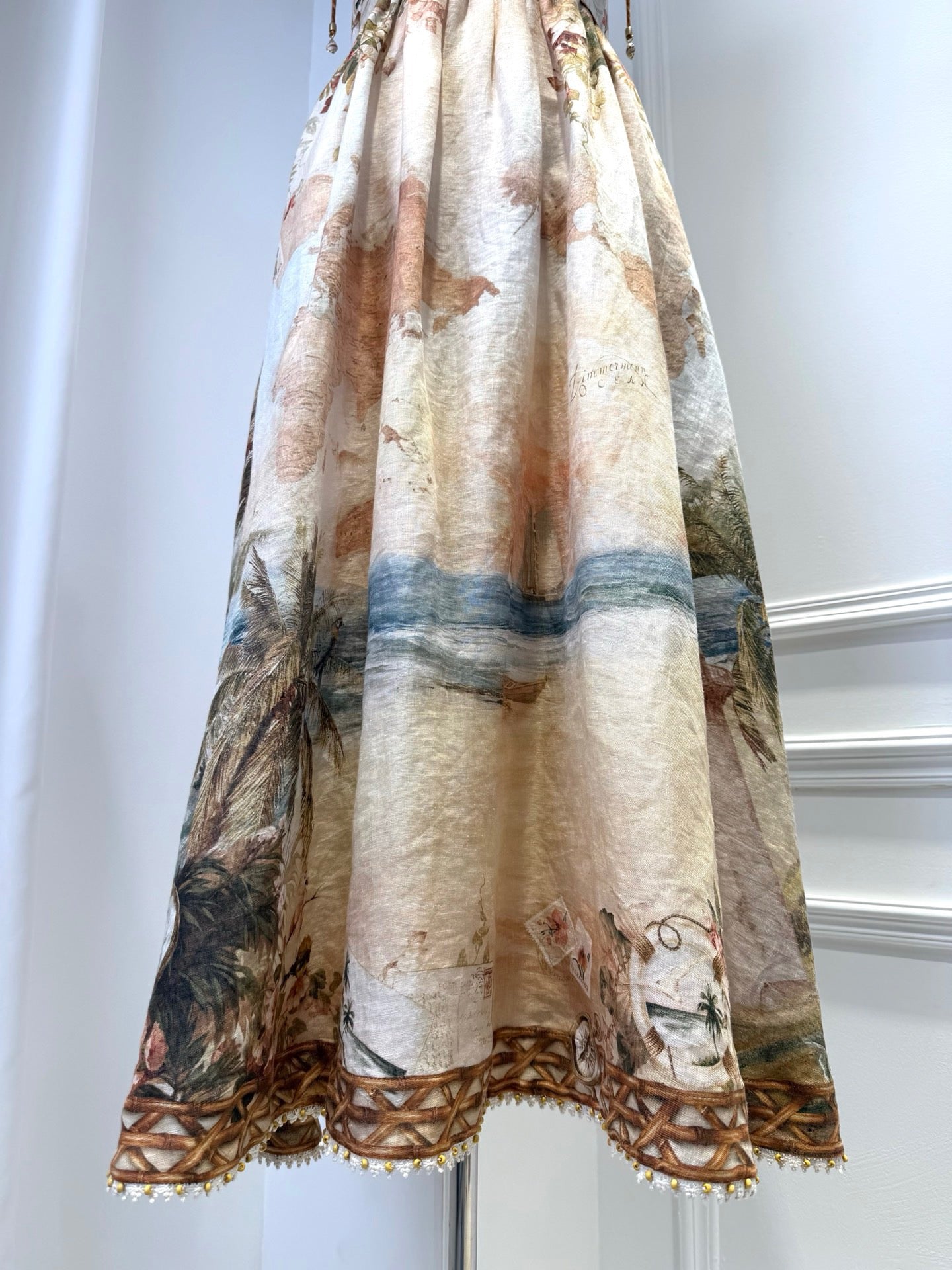 Lovestahl Vintage Tropical Seaside Map Print Spaghetti Strap Midi Dress Women Beaded Tie Shoulder High Waist Flowy A Line Long Dress Retro Vacation Beach Chiffon Sundress