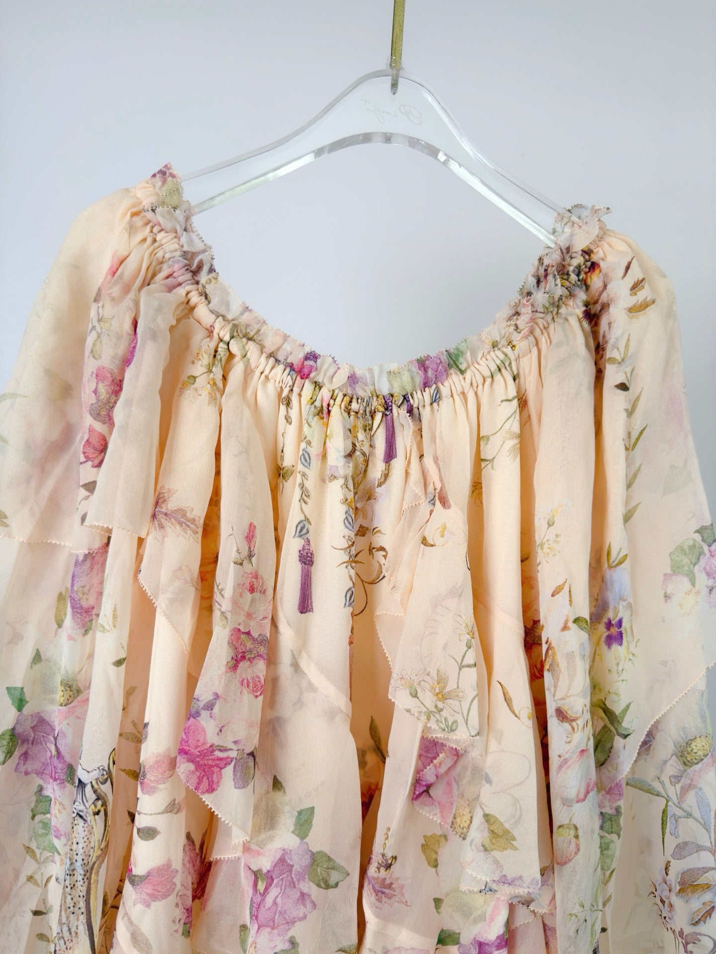 Australian Designer LOVESTAHL 100% Silk Off Shoulder Mini Dress Women Vintage Position Floral Print Elastic Bardot Bell Sleeve Asymmetrical Waterfall Ruffle Vacation Flowy Dress