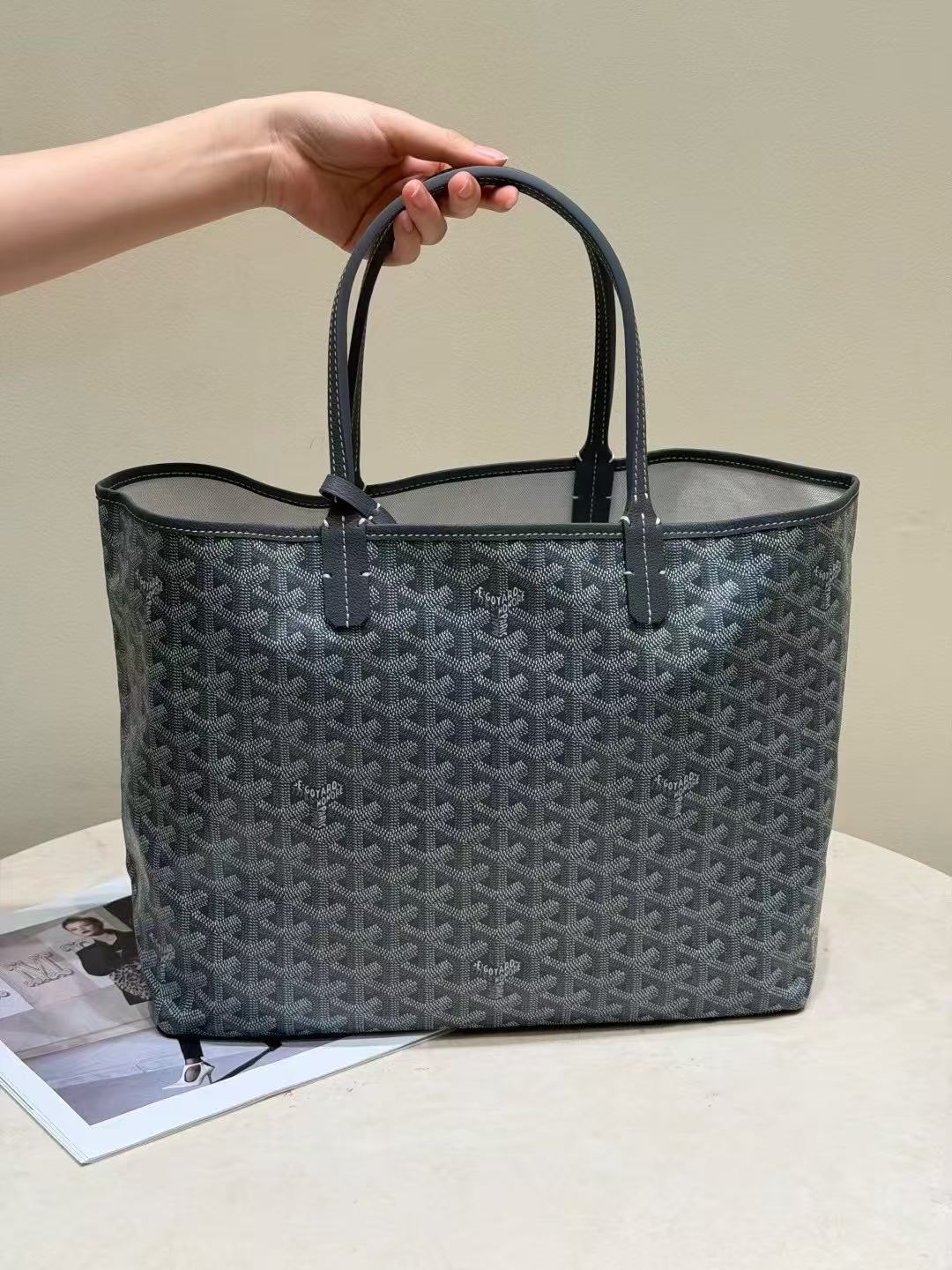 LOVESTAHL Reversible Green Monogram Canvas Shopping Tote Bag, Two Sizes GM & PM Calfskin Trim Shoulder Handbag
