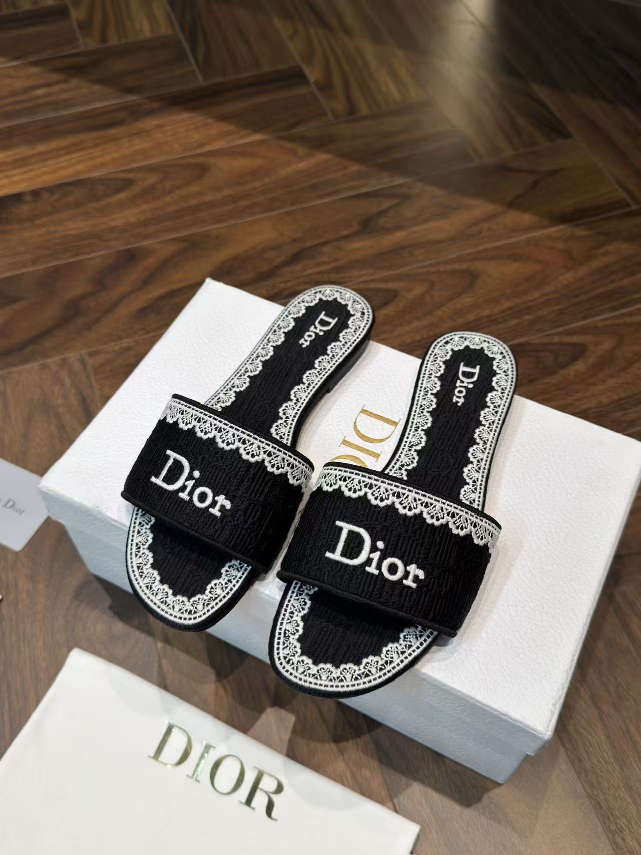 LOVESTAHL Dentelle Oblique Jacquard Lace Trim Slide Sandals 2 Versions Flat & Mid Heel Italian Lucky Star Leather Outsole Women Summer Vacation Slippers