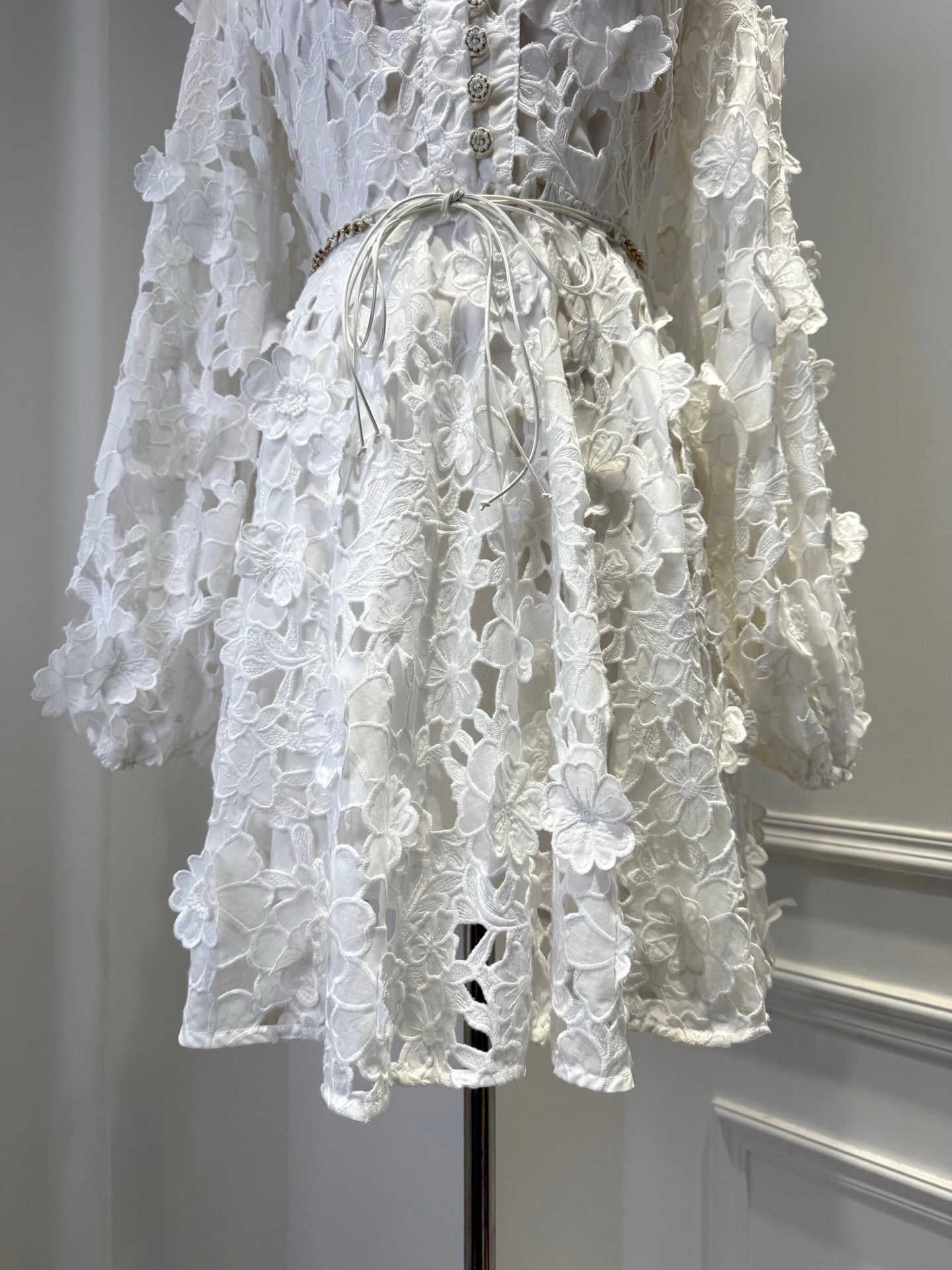 Lovestahl Dreamy White 3D Floral Hollow Lace Mini Dress With Lantern Puff Sleeves And Adjustable Drawstring Waist Perfect For Bridal Shower Beach Wedding