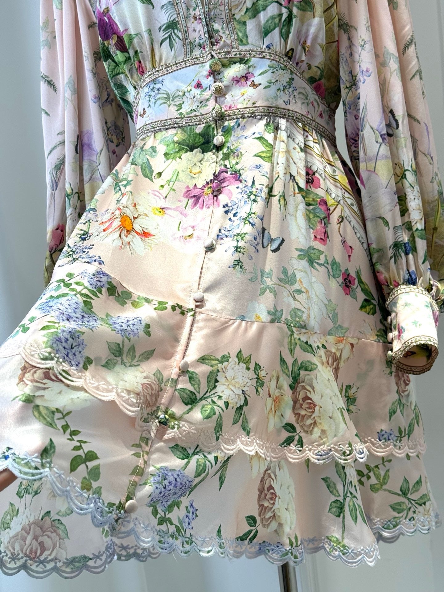 LOVESTAHL Pink Floral Print Mini Dress Women Deep V Neck Puff Long Sleeve Beaded Waist Lace Ruffle Hem Elegant Party Short Dresses