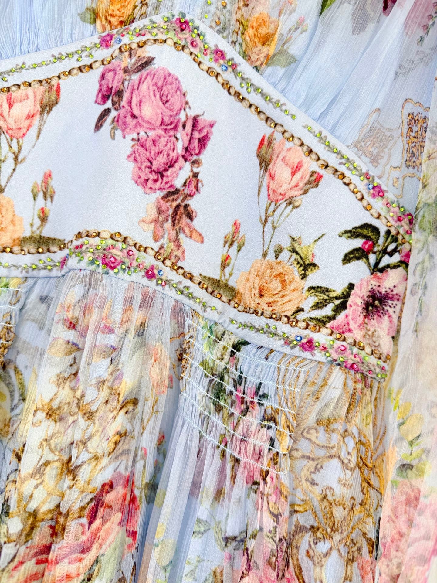Lovestahl Runway Collection 100% Silk Maxi Dress Women Deep V Flared Bell Sleeve Matching Waist Belt Hand Crystal Rhinestone Vintage Floral Print Fitted Long Party Dress