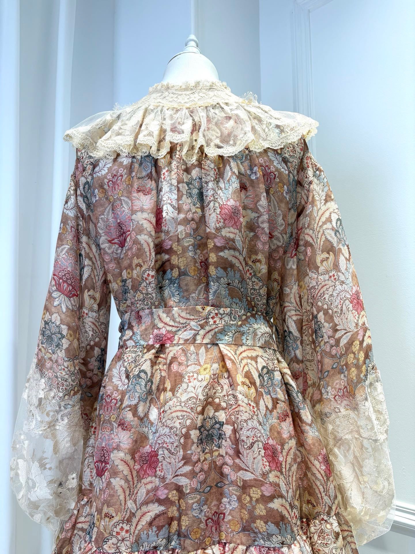2026 women lovestahl Lovestahl Women Vintage Paisley Floral Mini Dress Lace Ruffle V Neck Lace Up Front Puff Long Sleeve Tie Waist Tiered Layer Fairy Short Dress