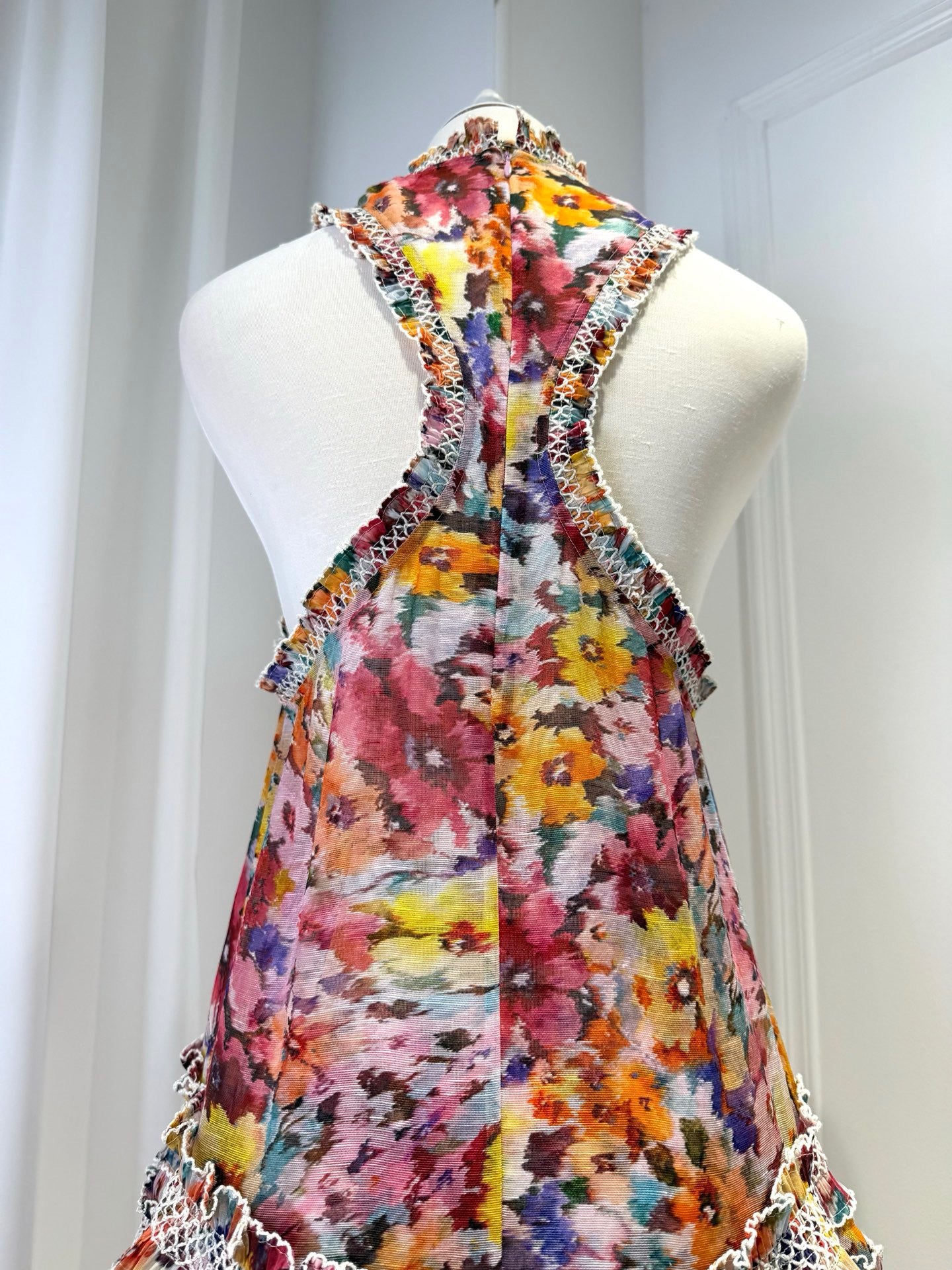 2026 women Lovestahl Women Colorful Floral Sleeveless Mini Dress High Neck Lace Ruffle Hem Loose Shift Short Dress Summer Beach Holiday Sundress