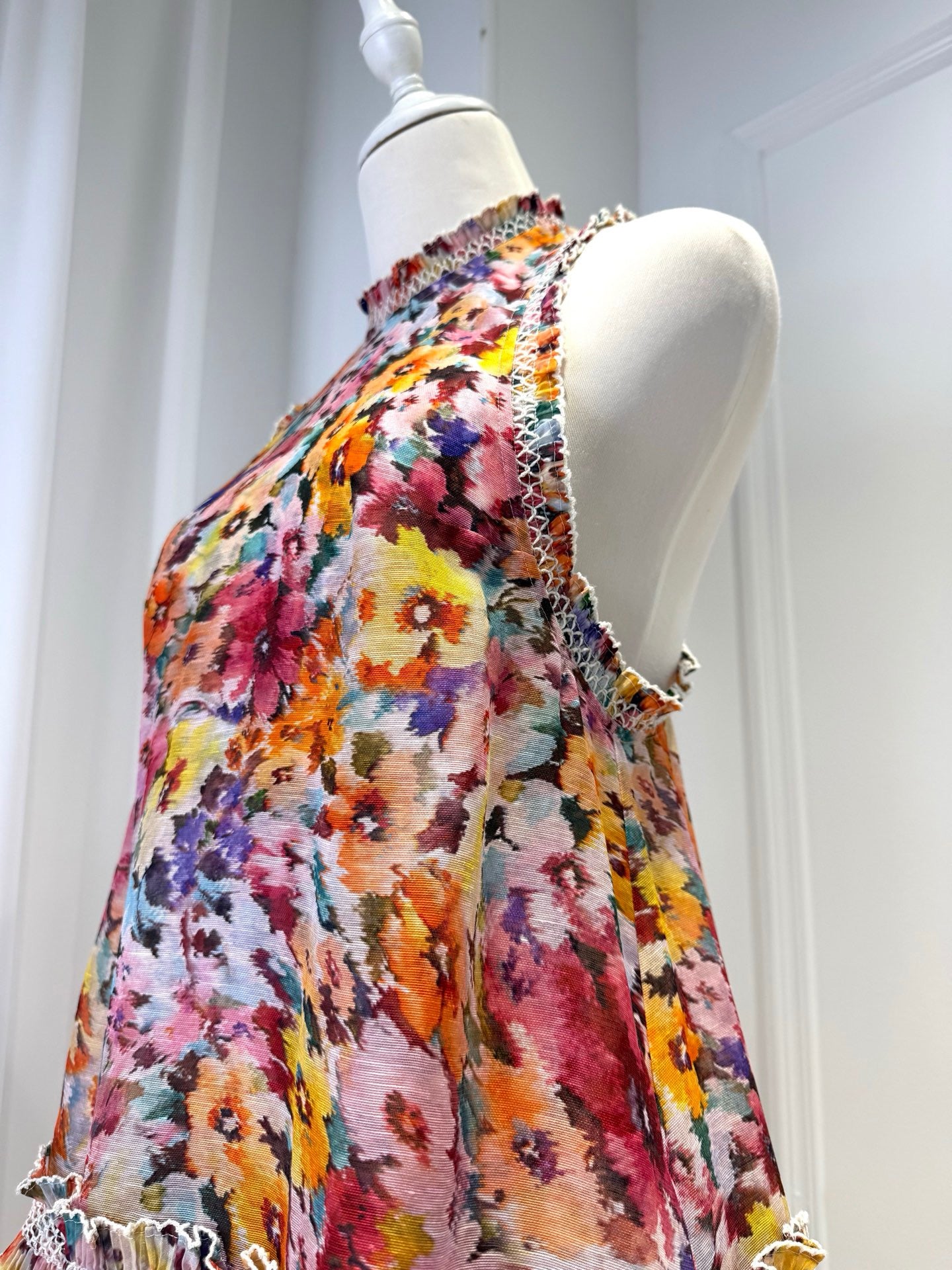 2026 women Lovestahl Women Colorful Floral Sleeveless Mini Dress High Neck Lace Ruffle Hem Loose Shift Short Dress Summer Beach Holiday Sundress