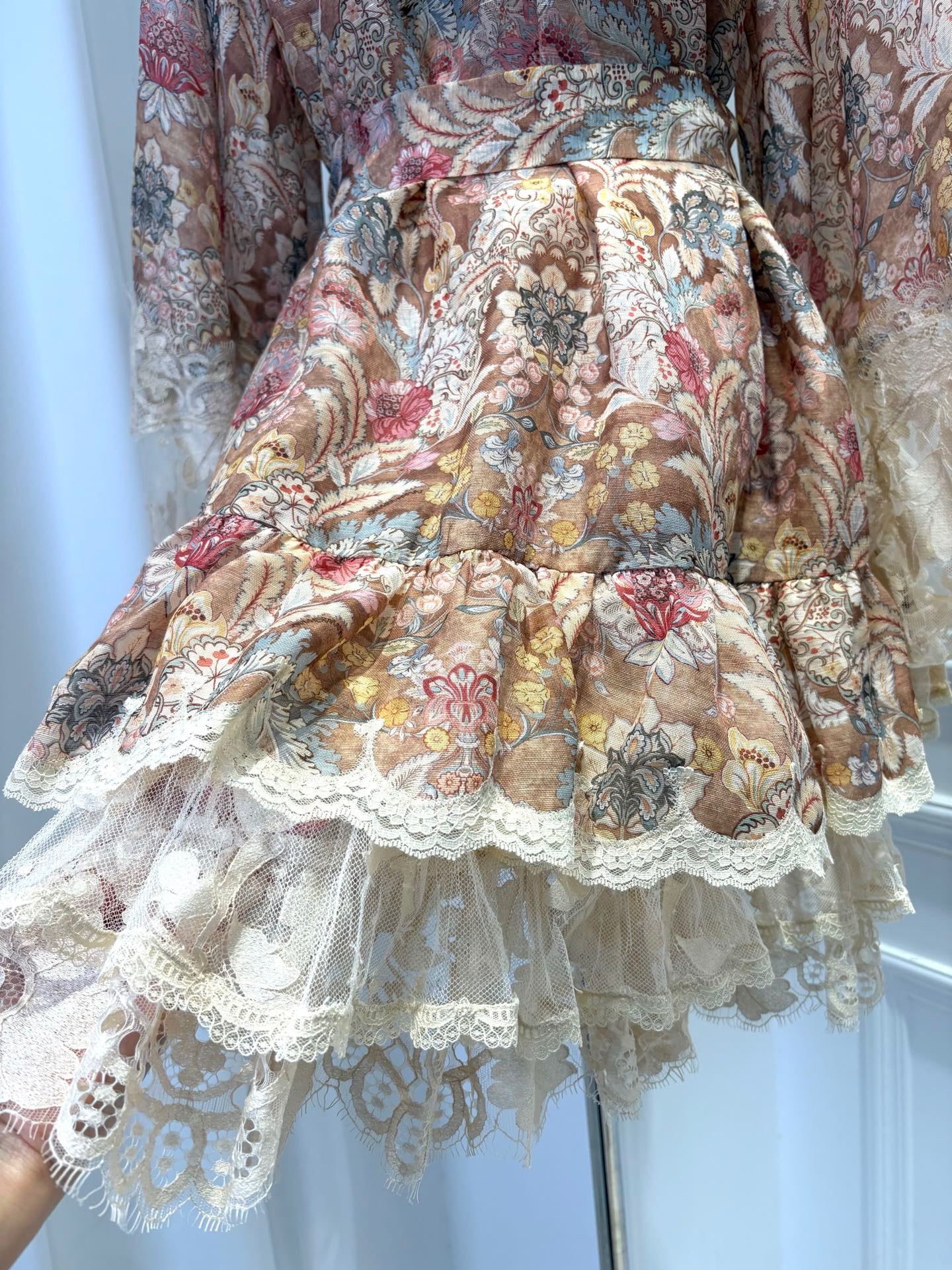 2026 women lovestahl Lovestahl Women Vintage Paisley Floral Mini Dress Lace Ruffle V Neck Lace Up Front Puff Long Sleeve Tie Waist Tiered Layer Fairy Short Dress