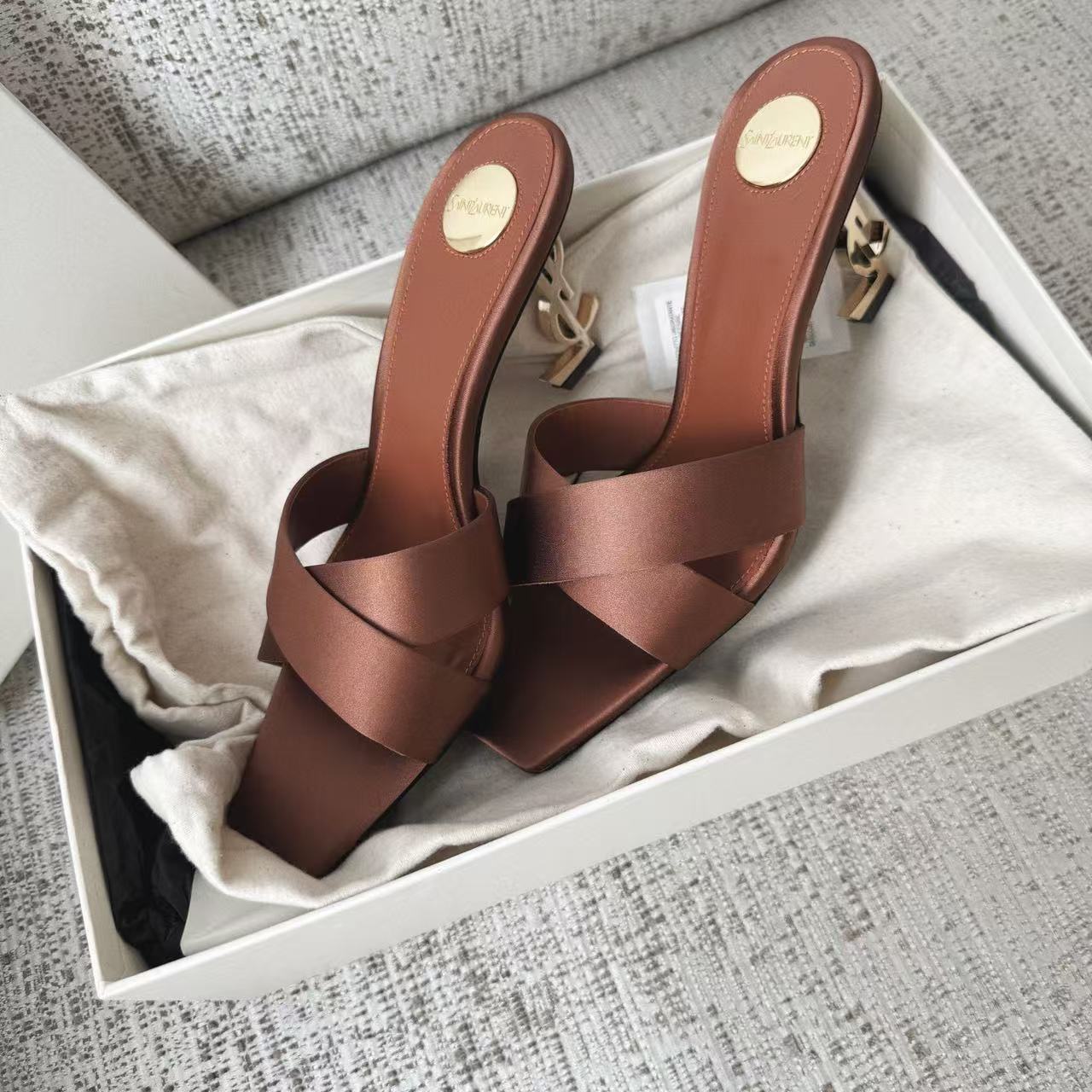 LOVESTAHL Women Cross‑Strap Satin Slide Sandals, Square‑Toe Geometric‑Heel Mules, Slip‑On Party Summer Slippers