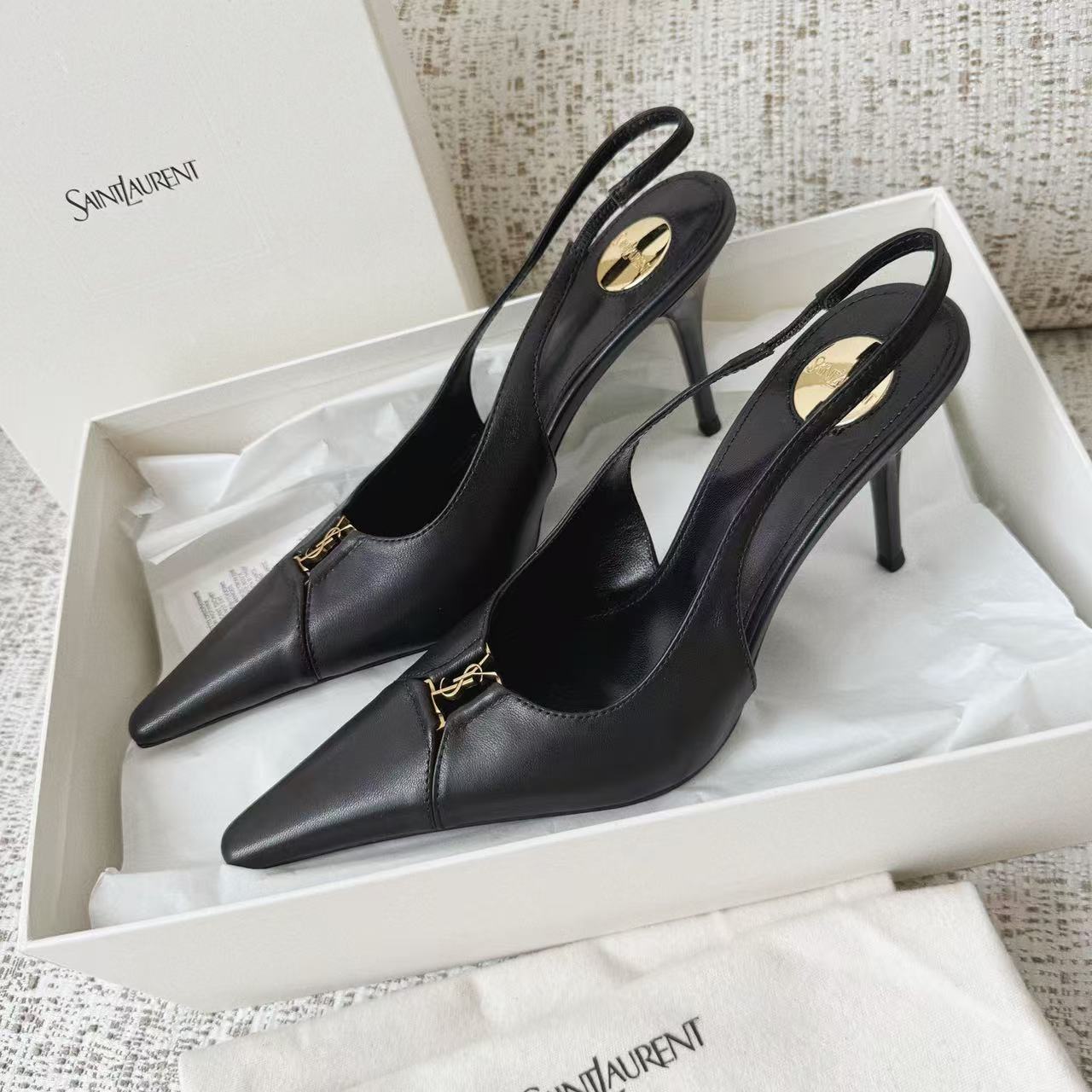 LOVESTAHL Women Color‑Block Slingback Pumps, Genuine Cow‑Leather Pointed‑Toe Stiletto Heels, Metal‑Ornament Back‑Strap Elegant Dress Shoes