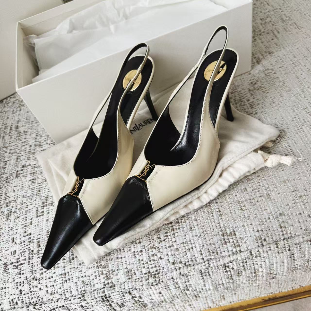 LOVESTAHL Women Color‑Block Slingback Pumps, Genuine Cow‑Leather Pointed‑Toe Stiletto Heels, Metal‑Ornament Back‑Strap Elegant Dress Shoes