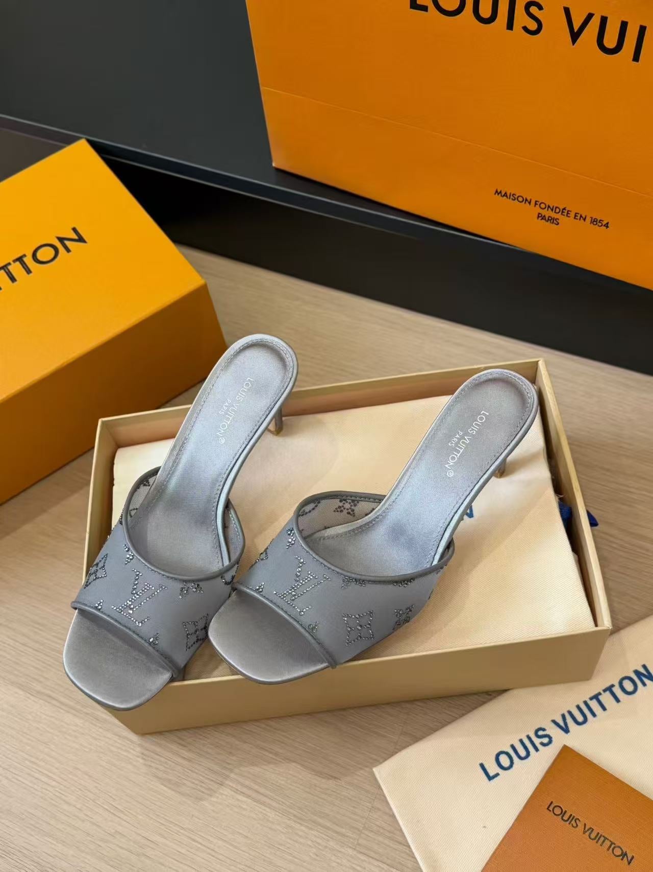 LOVESTAHL Gala Mesh Rhinestone Open‑Toe Heel Mule Sandals