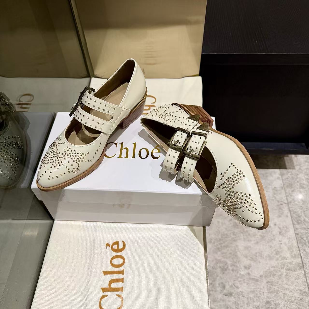 LOVESTAHL Stud‑Decorated Mary‑Jane Block‑Heel Pumps