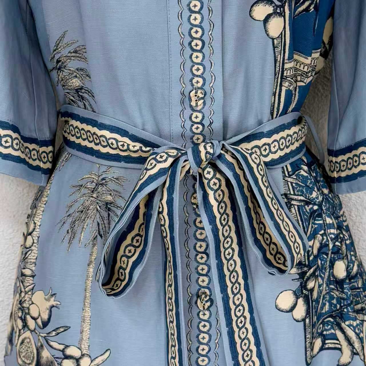 Lovestahl Viral Linen Blend Shirt Dress Mediterranean Lemon Botanical Border Print Belted Flounce Hem Vacation Mini Dress