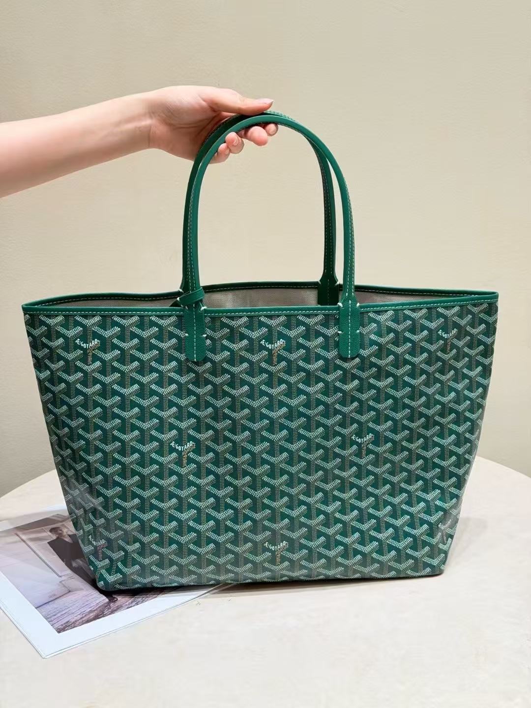LOVESTAHL Reversible Green Monogram Canvas Shopping Tote Bag, Two Sizes GM & PM Calfskin Trim Shoulder Handbag