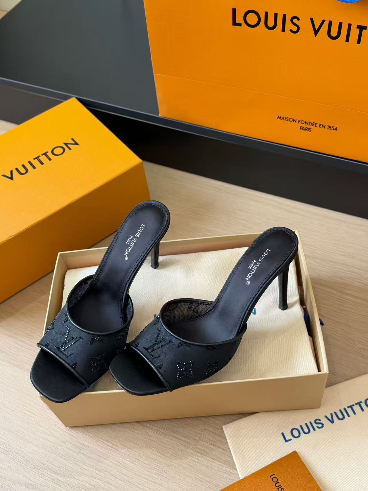 LOVESTAHL Gala Mesh Rhinestone Open‑Toe Heel Mule Sandals