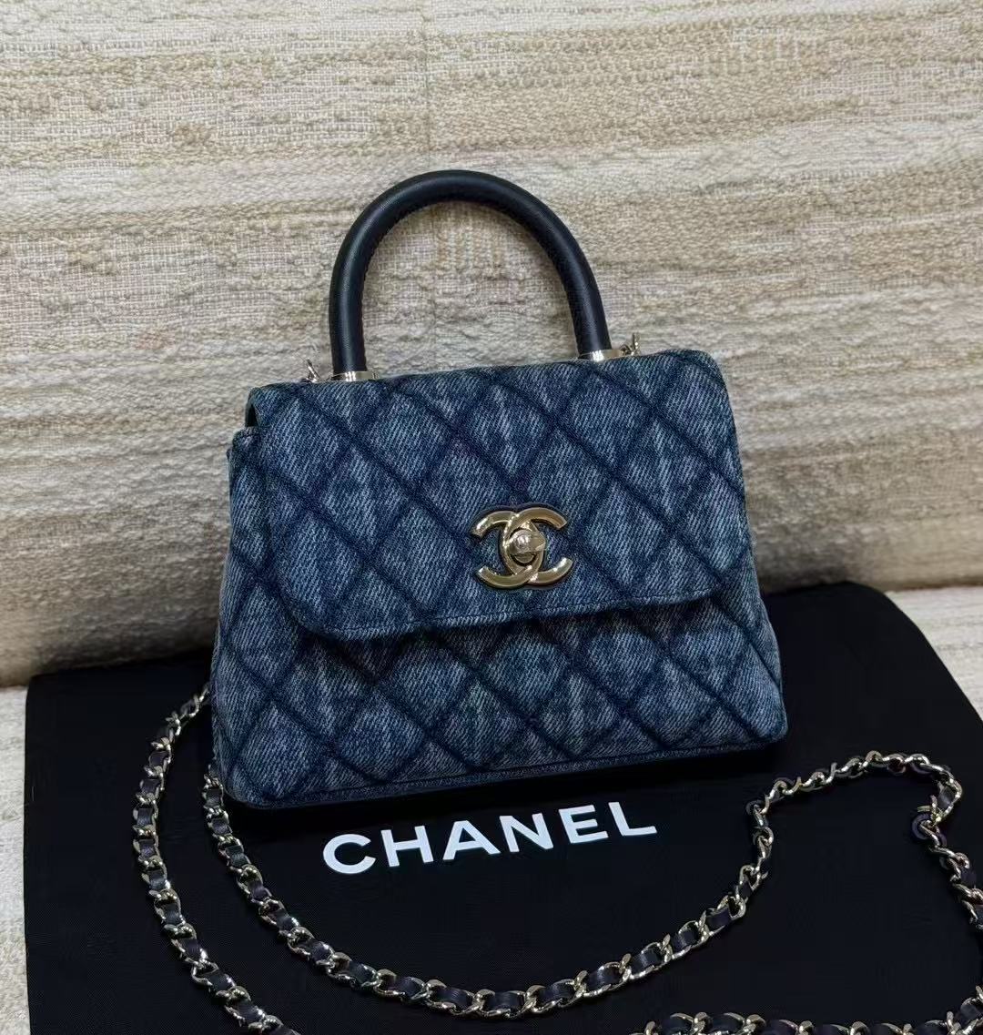 LOVESTAHL 26P Spring Summer Mini Quilted Denim Handbag, Vintage Gold Hardware Convertible Chain Crossbody Bag