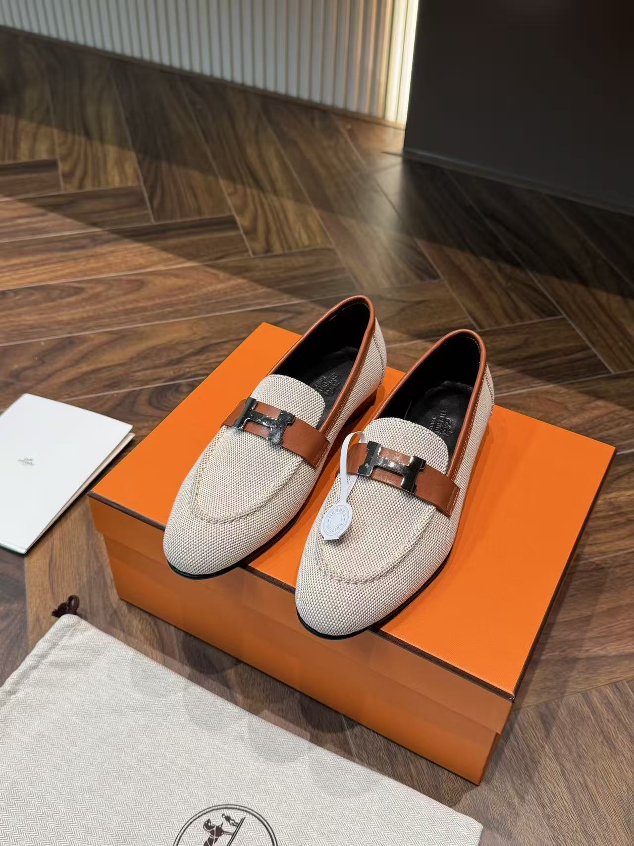 LOVESTAHL Paris H Buckle Loafers Canvas & Goatskin Spliced Genuine Leather Flat Slip On Shoes For Women Office Daily Commute