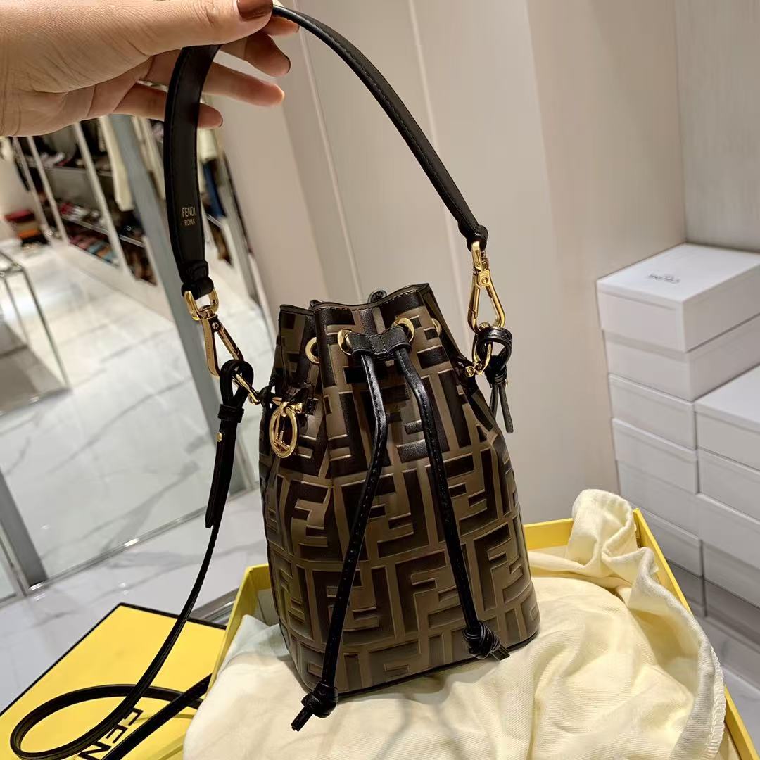 LOVESTAHL Mon‑Tresor FF‑Print Leather Drawstring Bucket Bag