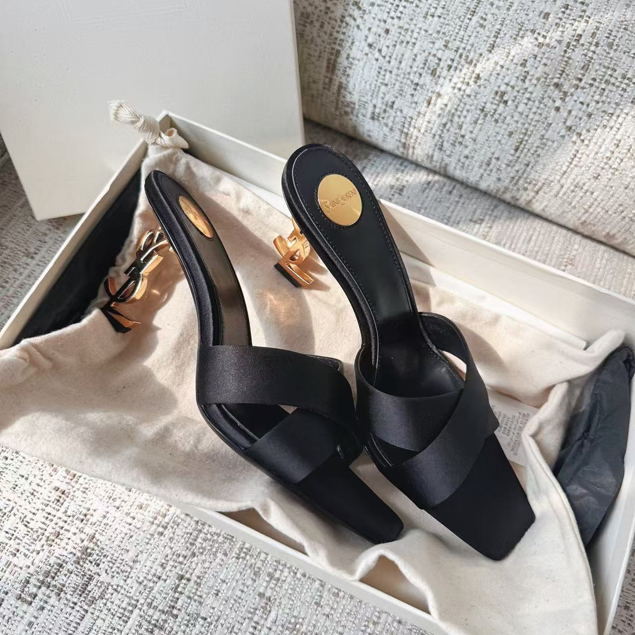 LOVESTAHL Women Cross‑Strap Satin Slide Sandals, Square‑Toe Geometric‑Heel Mules, Slip‑On Party Summer Slippers