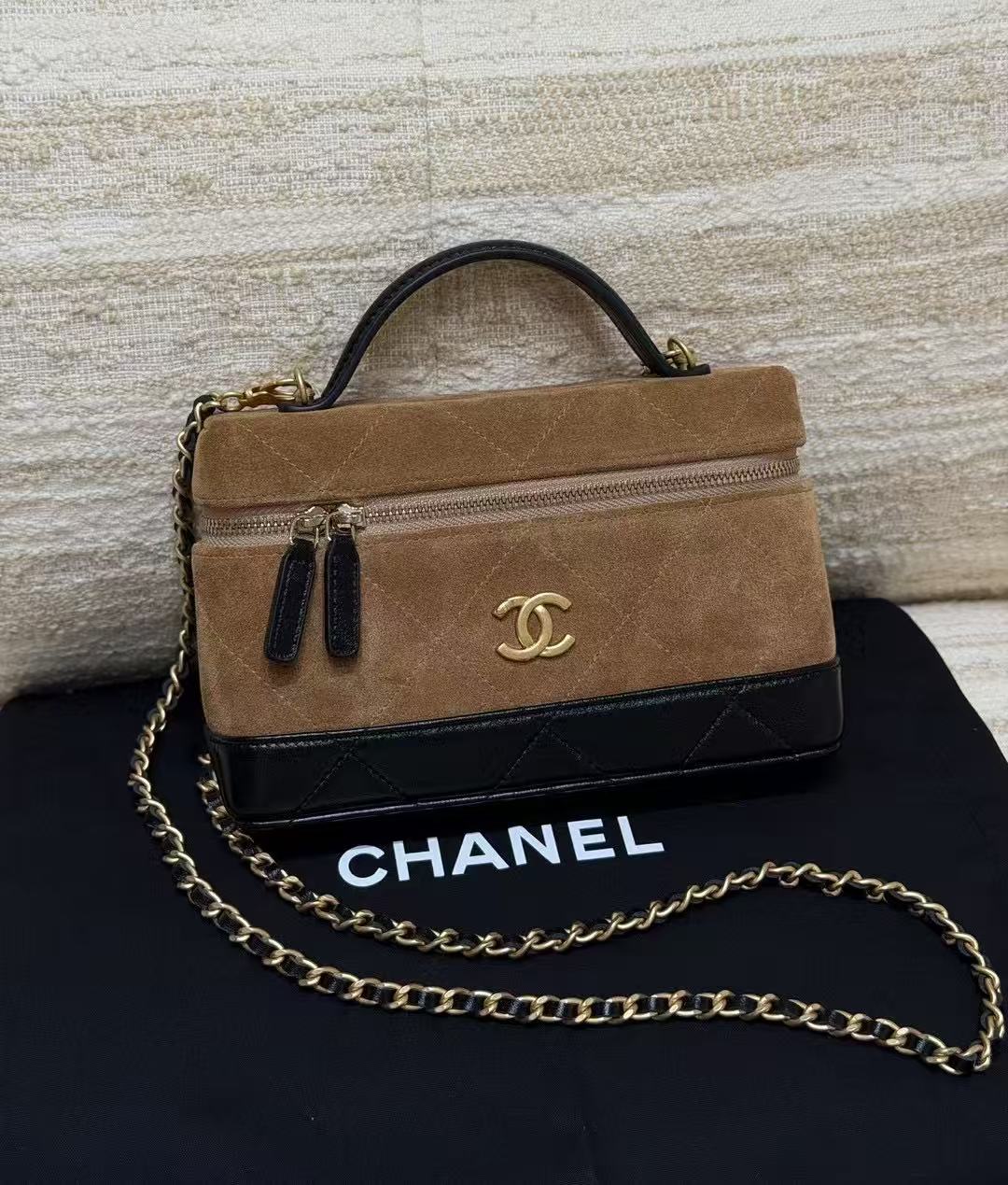 LOVESTAHL 26S Retro Suede & Lambskin Patchwork Mini Box Bag, Detachable Metal Chain Crossbody Shoulder Bag Size 17cm