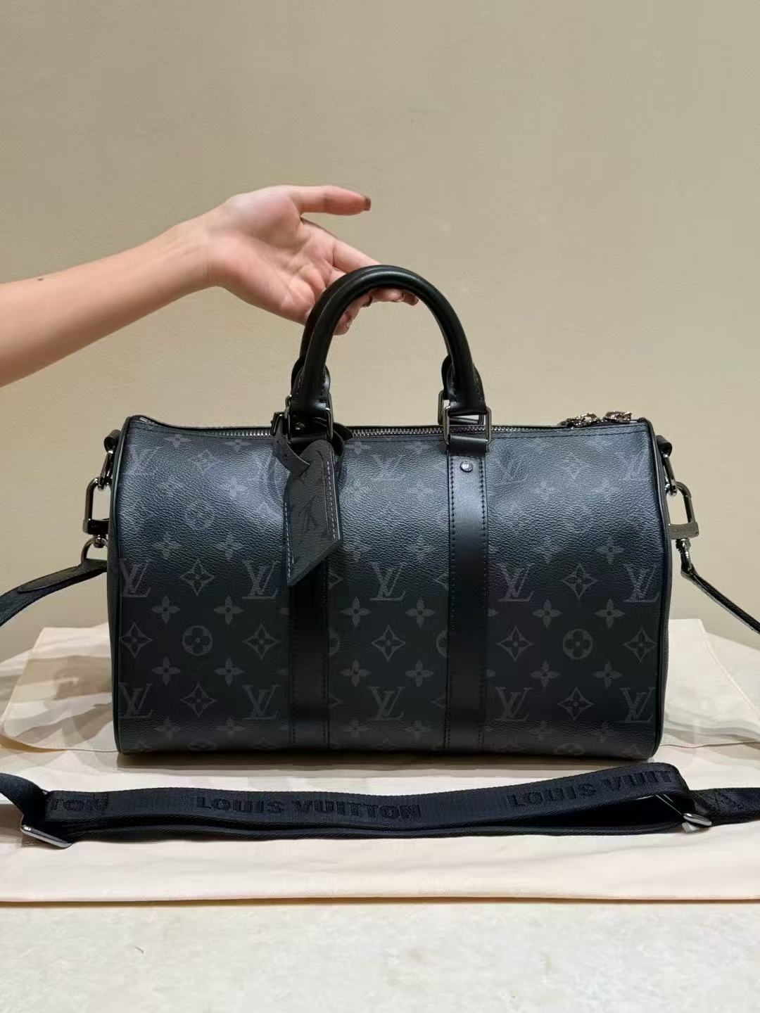 LOVESTAHL M46655 Monogram Eclipse Black Canvas 35 Travel Duffle Bag, Removable Adjustable Shoulder Strap Unisex Hand Carry Weekend Bag