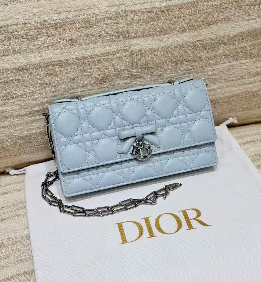 LOVESTAHL Light Blue Lambskin Cannage WOC Crossbody Bag, New Bow Metal Chain Multi Card Slots Wallet Purse Chip Upgraded Version
